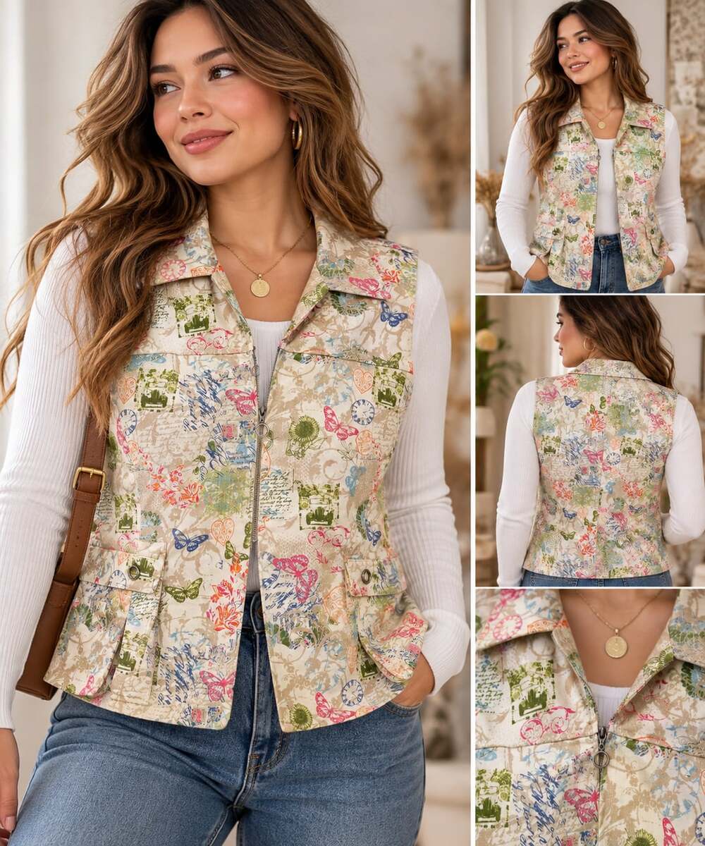 Christopher & Banks Vest Size L Multi Color Butterfly Postal Print Full Zip